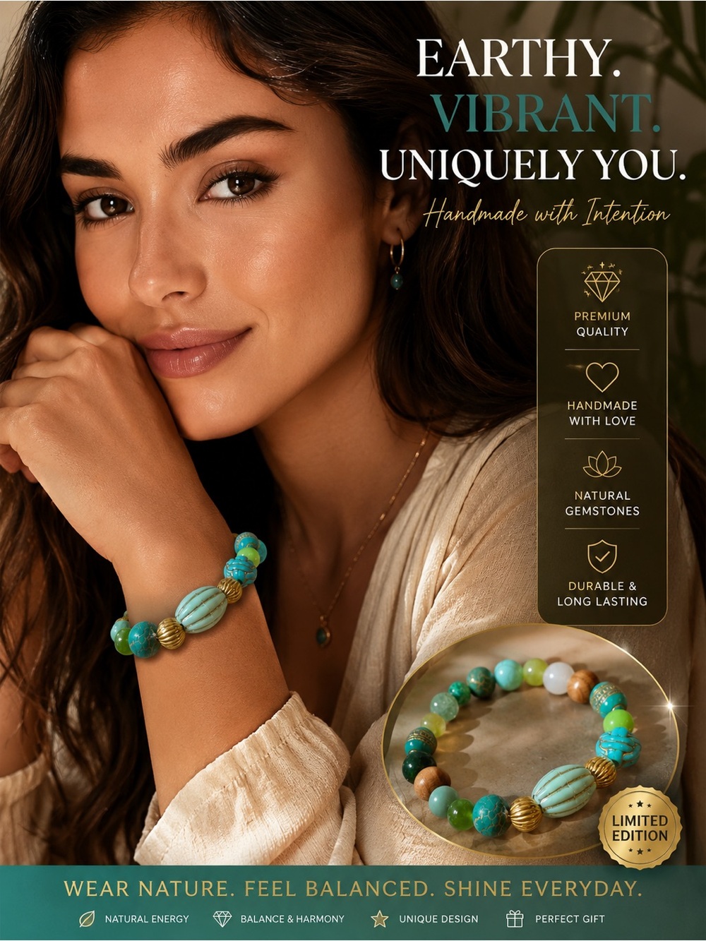 Earth Turquoise, Teal & Gold Beaded Gemstone Bracelet